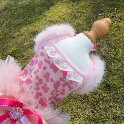 Retro Coffee Leopard Puppy Costumes Autumn Winter Plush Lace Bow Sling Dresses for Small Medium Dog Fashion Casual Pet Clothes