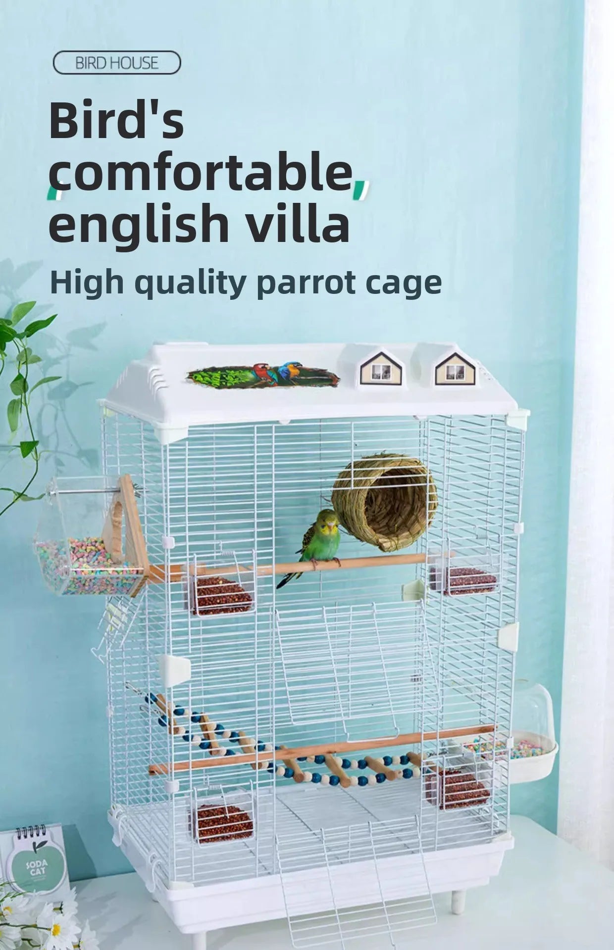 Birdcage for Budgerigars - Large Villa-Style British-Inspired Metal Display Cage with Horizontal Wire Base for Parakeets