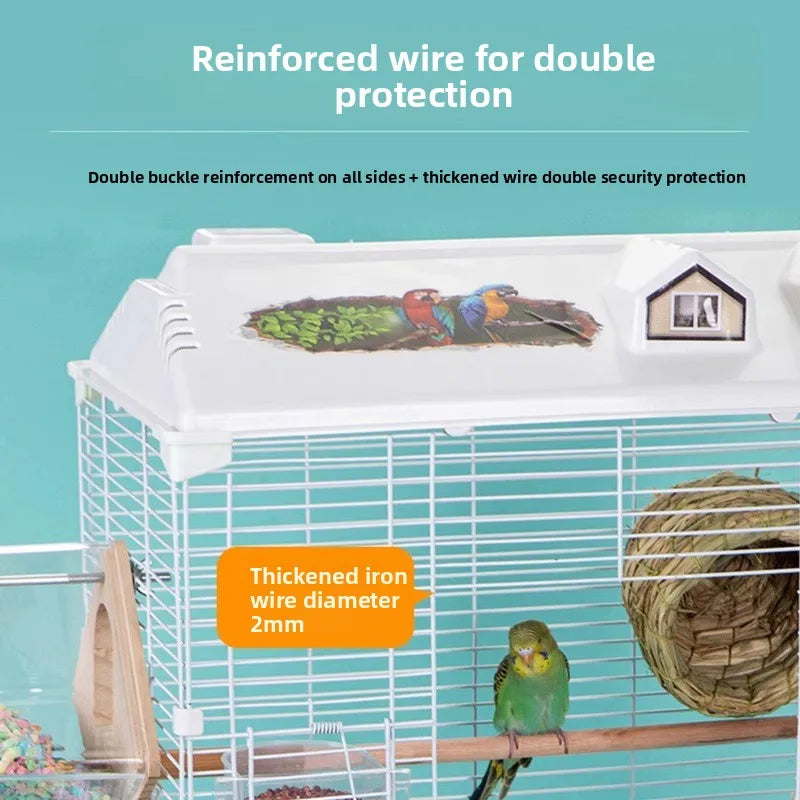 Birdcage for Budgerigars - Large Villa-Style British-Inspired Metal Display Cage with Horizontal Wire Base for Parakeets