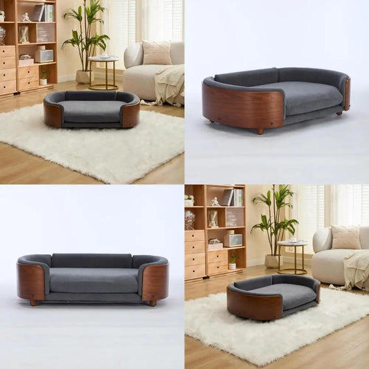 Large Velvet Scandinavian Style Elevated Dog Sofa Bed with Solid Wood Legs and Walnut Bent Wood Back, Perfect for Your Pet's Com