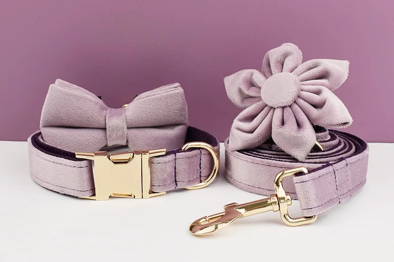 Deep Purple Velvet Powder Velvet Dog Collar And Leash Set For Custom Engraved Nameplate Pet Supplies Dog Leash Velvet 06