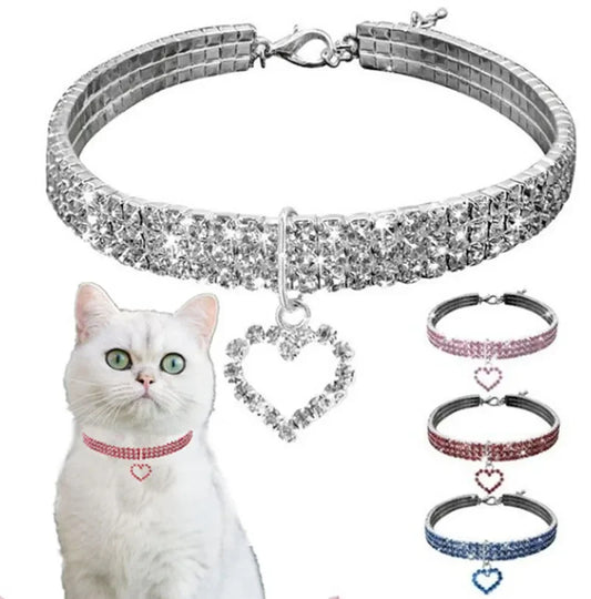 2025 New Cat Dog Collar Three Row Elastic Rhinestone Pet Collars Love Decoration Necklace Puppy Kitten Ornament Pets Supplies