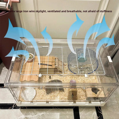 ‌Hamster Cage - Extra Large Acrylic Habitat for Syrian Hamsters, Foldable Transparent Cage with 3 Levels, Spacious Pet Home