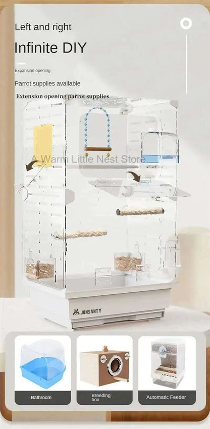 Large Acrylic Splash-proof Breathable Birdcage Fully Transparent Ornamental Bird Cage Parrot Cage Budgie Cockatiel Luxury Villa