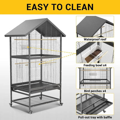 Large Wrought Steel Bird Cage with Pull-Out Tray, Lock, Feeding Bowl, Stand, and 360° Swivel Casters for Various Bird Species