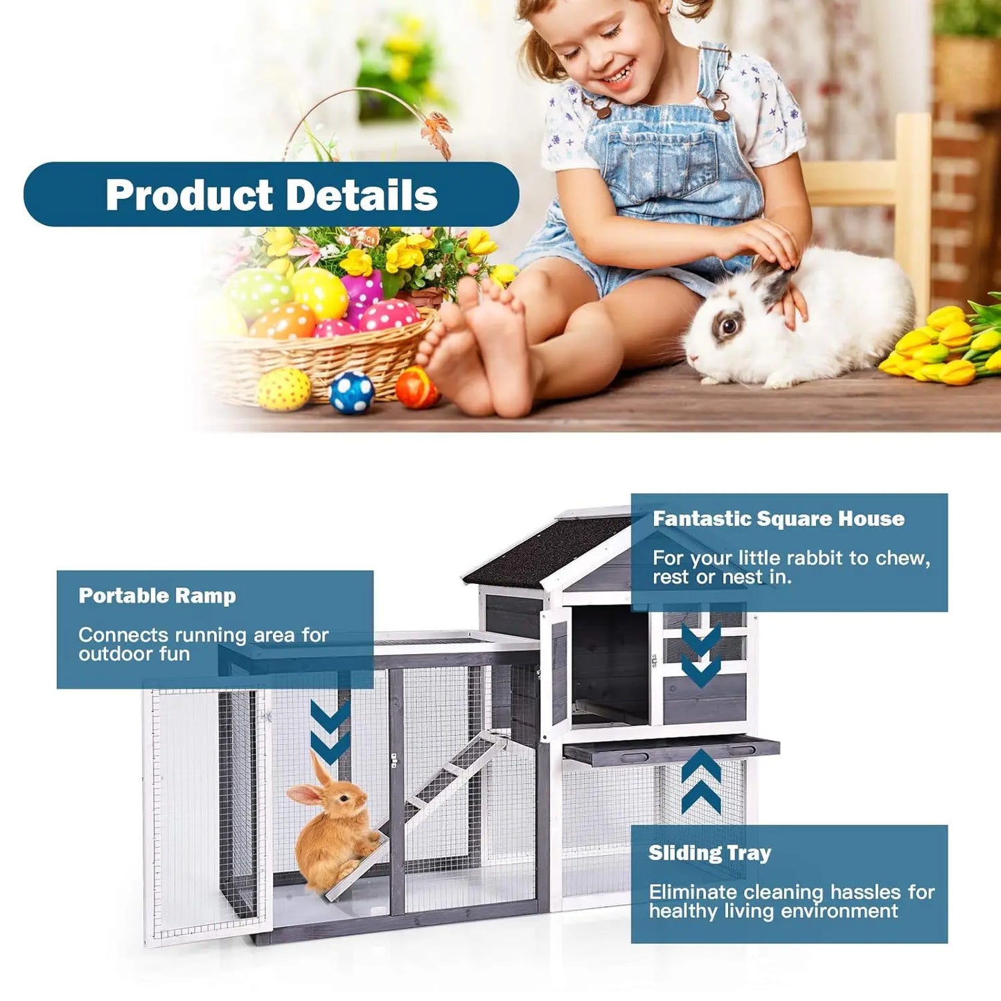 Rabbit Hutch, Indoor Outdoor Bunny Cage with Run, Wooden Rabbit Cage with Waterproof Roof & Pull Out Tray, Chicken Coop Pet