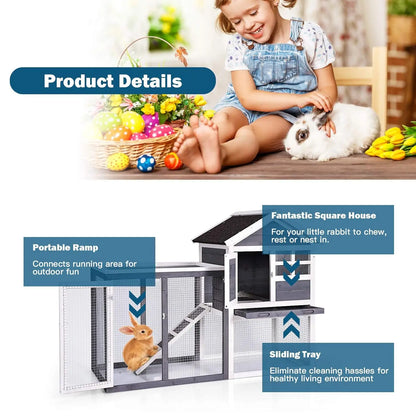 Rabbit Hutch, Indoor Outdoor Bunny Cage with Run, Wooden Rabbit Cage with Waterproof Roof & Pull Out Tray, Chicken Coop Pet
