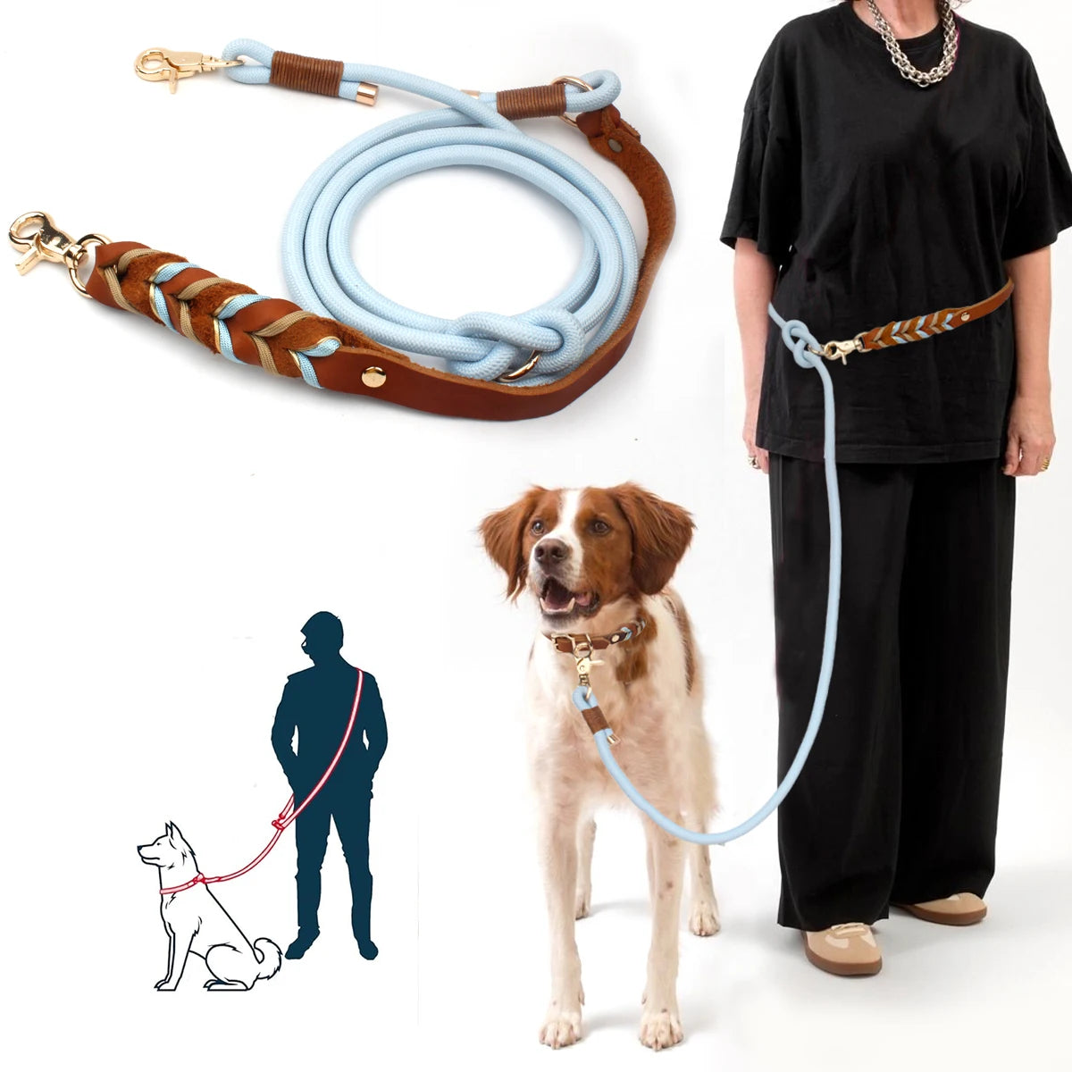 Genuine Leather Dog Leashes Multifunctional Hand-woven Crossbody And Waist Traction Rope Long And Short Nylon Round Lead Rope