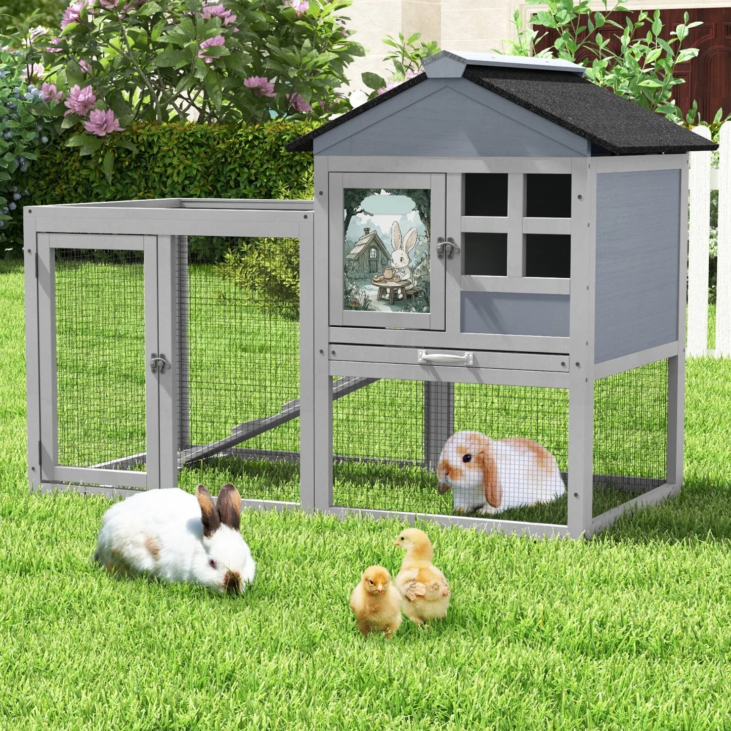 48'' 2-Tier Wood Rabbit Hutch Small Animal House with Removable Tray Outdoor