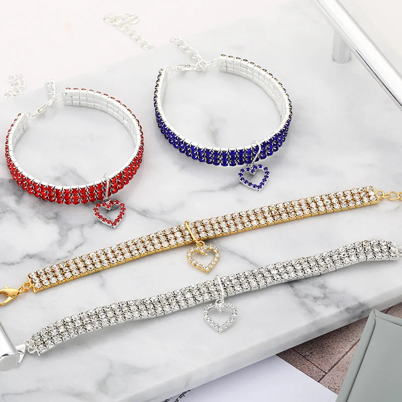 2025 New Cat Dog Collar Three Row Elastic Rhinestone Pet Collars Love Decoration Necklace Puppy Kitten Ornament Pets Supplies