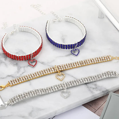 2025 New Cat Dog Collar Three Row Elastic Rhinestone Pet Collars Love Decoration Necklace Puppy Kitten Ornament Pets Supplies