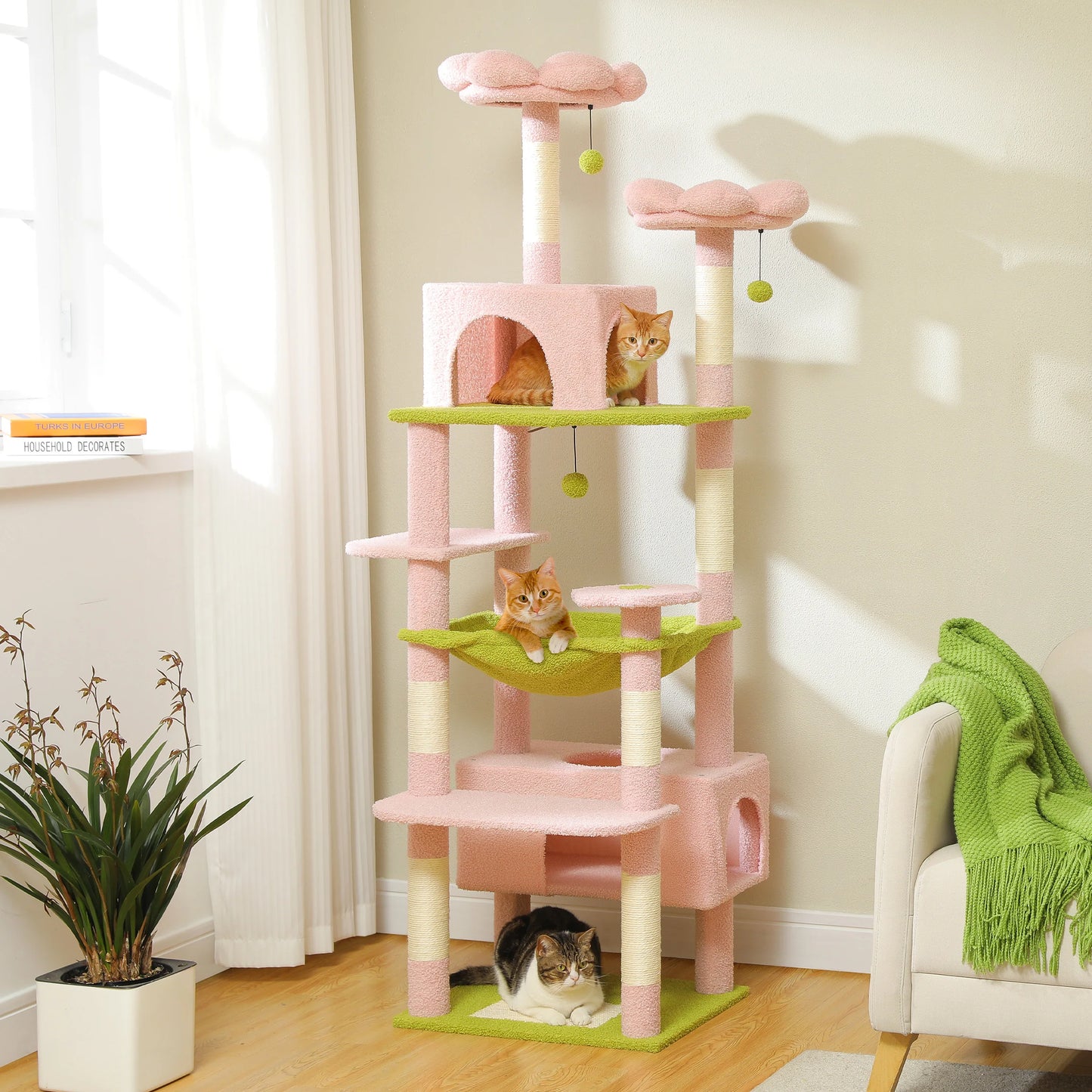Multi-Level Cat Tree Tower with Scratching Posts&Board, Hammock, Cat Condo, Spacious Top Perch,Dangling Balls for Indoor Cats