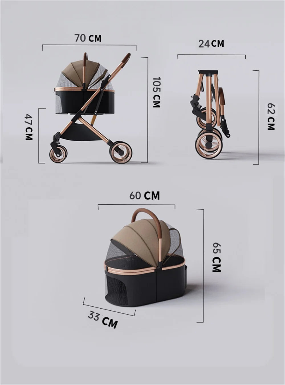 3 in 1 Detachable Pet Stroller for Dog Cat Foldable Travel Carrier up to 50lbs with Portable Carry Bag Storage Basket
