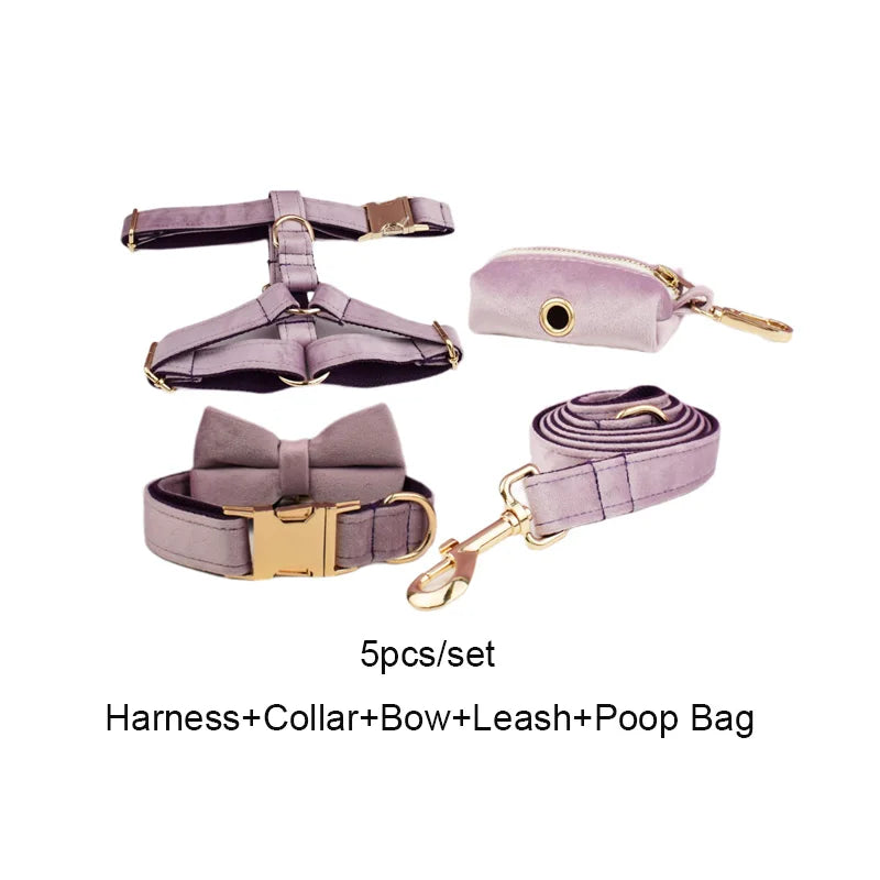Deep Purple Velvet Powder Velvet Dog Collar And Leash Set For Custom Engraved Nameplate Pet Supplies Dog Leash Velvet 06