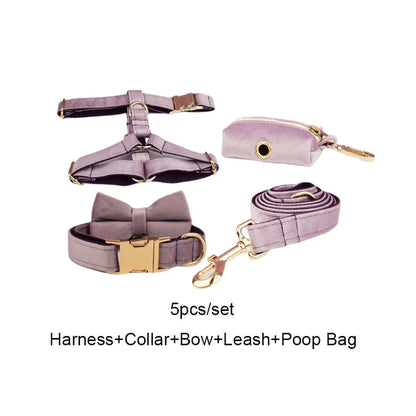 Deep Purple Velvet Powder Velvet Dog Collar And Leash Set For Custom Engraved Nameplate Pet Supplies Dog Leash Velvet 06