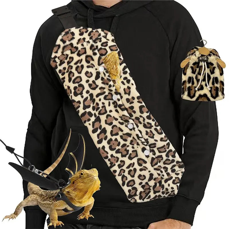VELIF-Beardie Carrier, Bearded Dragon Harness Set With Leash, Adjustable Lizard Harness Featuring Leather Wings And Sling Bag