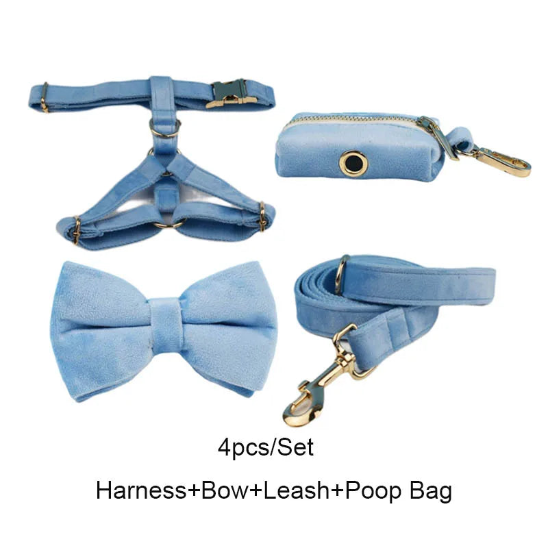 Blue Velvet Dog Collar And Leash Set For Small Medium Large Dogs Custom Engraved Nameplate Pet Supplies Dog Leash Velvet15