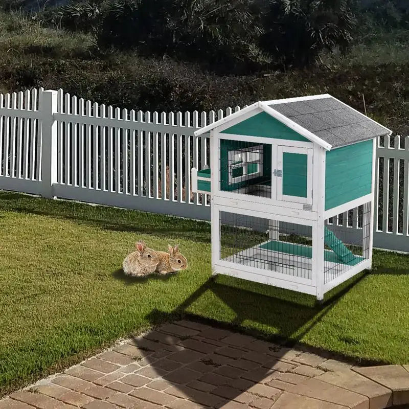 2-Story Rabbit Hutch Indoor Outdoor Bunny Cage with Pull-Out Tray & Waterproof Roof