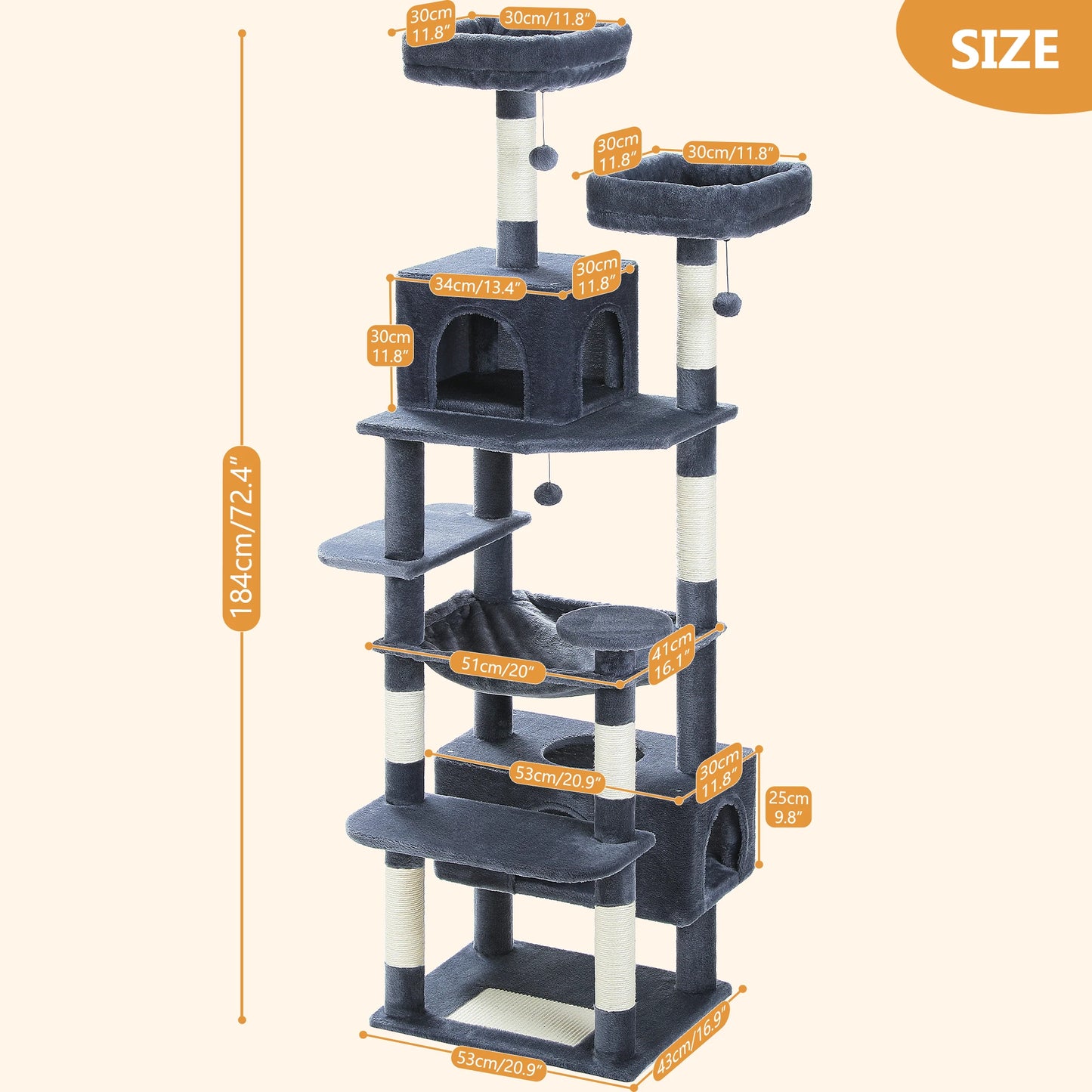 Multi-Level Cat Tree Tower with Scratching Posts&Board, Hammock, Cat Condo, Spacious Top Perch,Dangling Balls for Indoor Cats