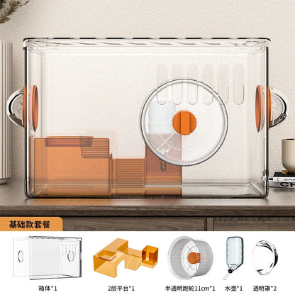 Acrylic Hamster Cage Transparent Habitat with Silent Running Wheel Large Space Enclosure for Hamster Easy-Clean Animal Home