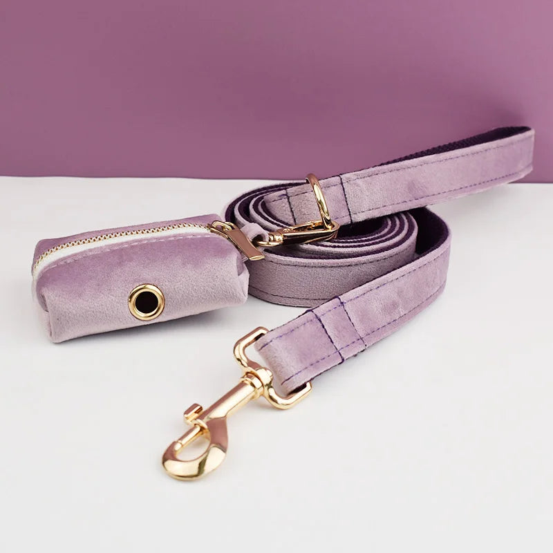 Deep Purple Velvet Powder Velvet Dog Collar And Leash Set For Custom Engraved Nameplate Pet Supplies Dog Leash Velvet 06