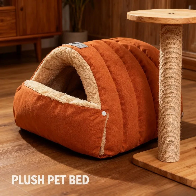 Cat Bed Semi Enclosed Winter Cat and Dog Bed with Leather Edging Windproof and Warm Small Animals in Cold Weather