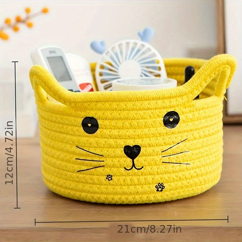 Cat Basket Storage Woven Basket Organizer with Ears Decorative Pet Toy Cute Basket Cotton Rope Basket for Gift Cat Dog Toy Bin