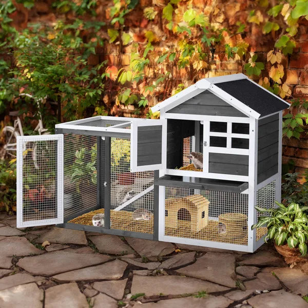 Wooden Rabbit Hutch Outdoor Chicken Coop Indoor Bunny Cage with Run, Guinea Pig House Pet House with Pull Out Upper Tray, Grey
