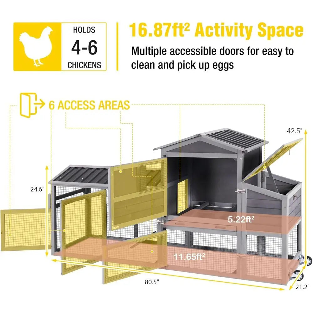 Portable 80 Chicken House with Wheels, Nesting Box, and Outdoor Run for Poultry