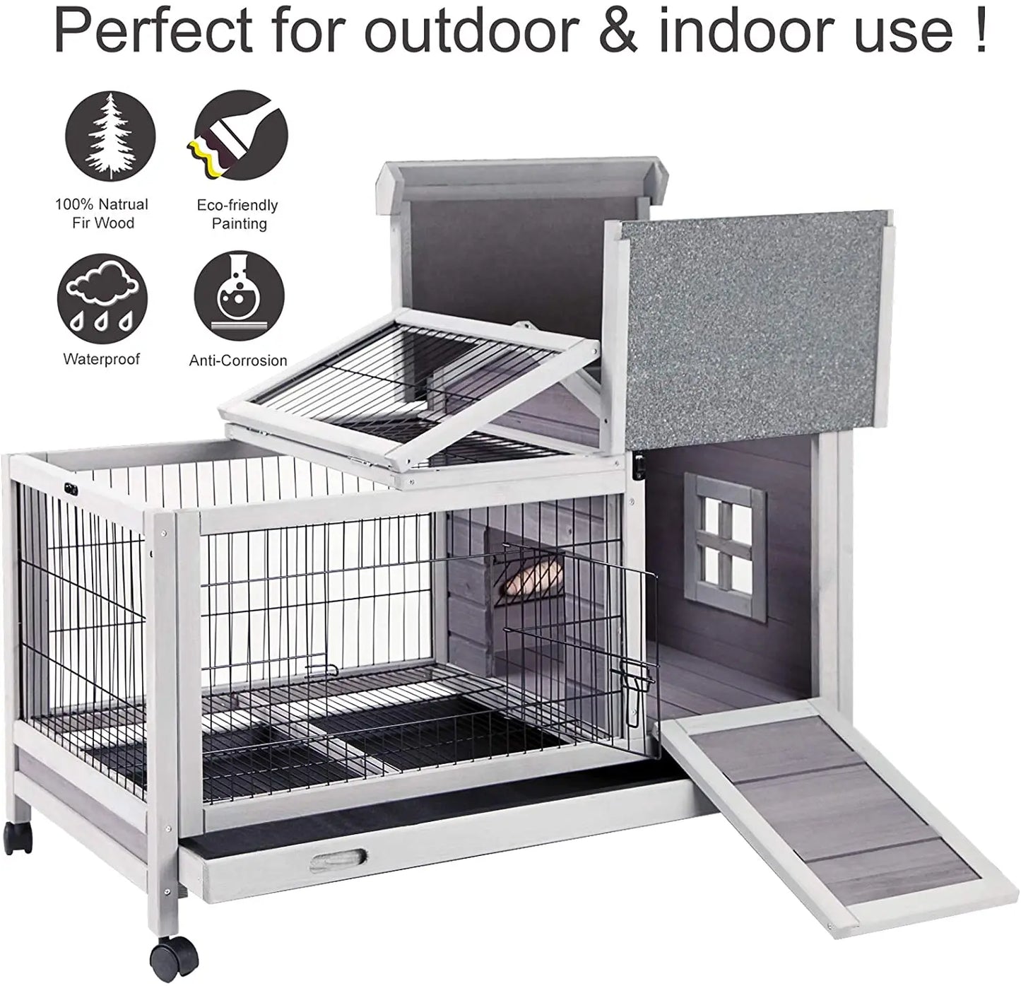 Deluxe Large Wooden Bunny Rabbit Breeding Hutches Chicken Coop W/Outdoor Run Animal Cage