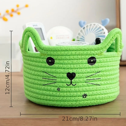 Cat Basket Storage Woven Basket Organizer with Ears Decorative Pet Toy Cute Basket Cotton Rope Basket for Gift Cat Dog Toy Bin
