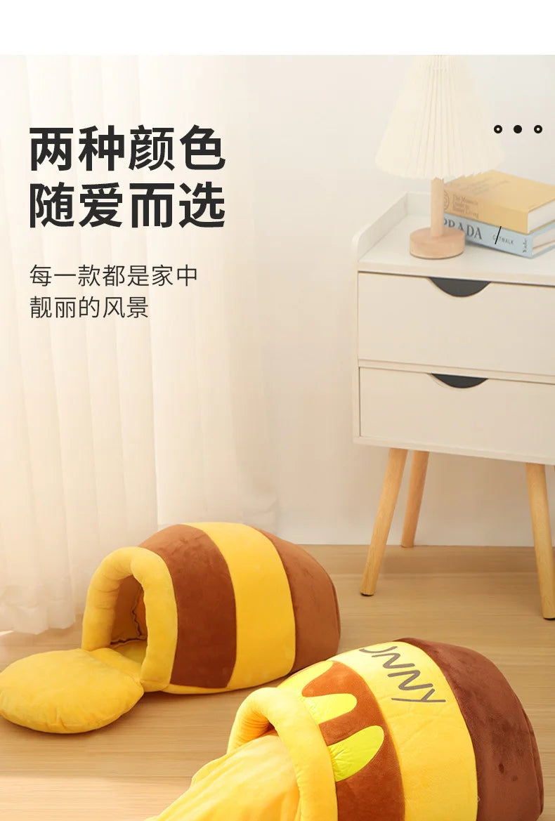 Cat Bed Warm Comfortable Kennel Nest Pet Cat Bed Soft Removable Cushion Nonslip Bottom Cartoon Washable House Honey Pot Cave
