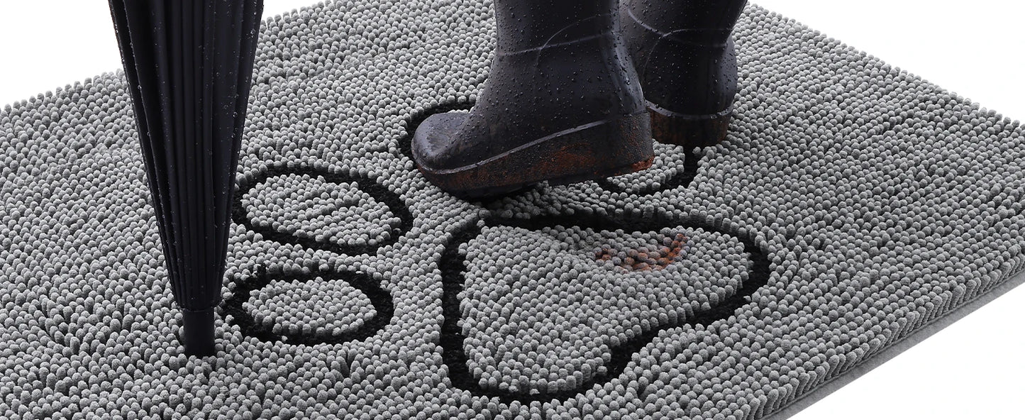 Kitinjoy Ultra Absorbent Chenille Mud Doormat With Paw Print Design Non-Slip Quick-Dry Washable Mats Door Mat for Muddy Dog Paws