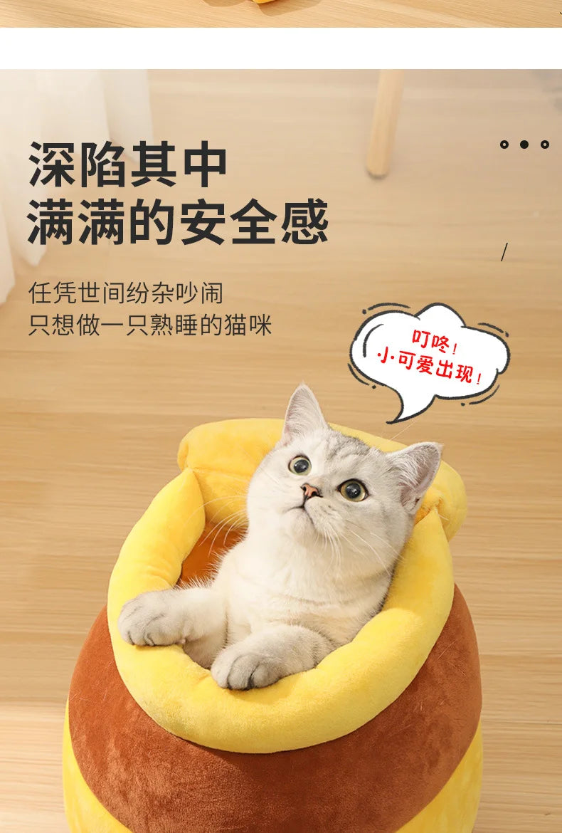 Cat Bed Warm Comfortable Kennel Nest Pet Cat Bed Soft Removable Cushion Nonslip Bottom Cartoon Washable House Honey Pot Cave