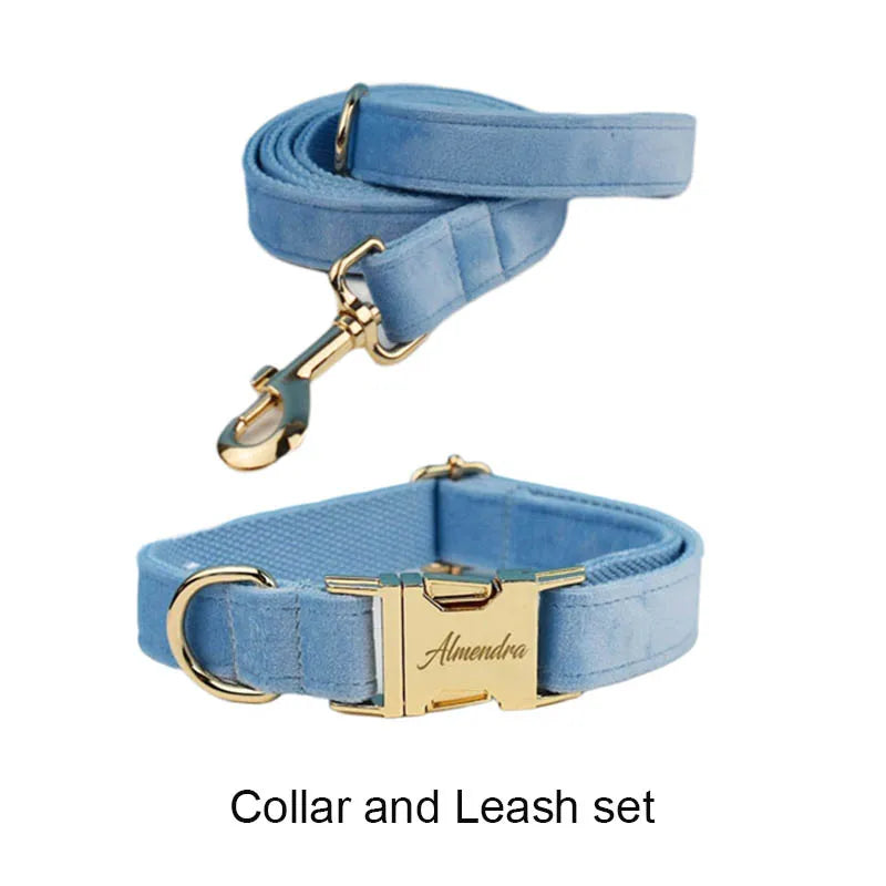 Blue Velvet Dog Collar And Leash Set For Small Medium Large Dogs Custom Engraved Nameplate Pet Supplies Dog Leash Velvet15