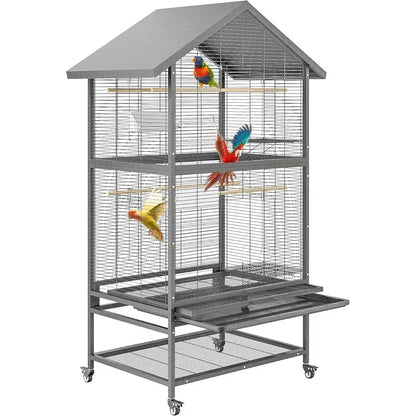 Large Wrought Steel Bird Cage with Pull-Out Tray, Lock, Feeding Bowl, Stand, and 360° Swivel Casters for Various Bird Species