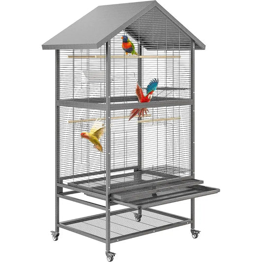 Large Wrought Steel Bird Cage with Pull-Out Tray, Lock, Feeding Bowl, Stand, and 360° Swivel Casters for Various Bird Species
