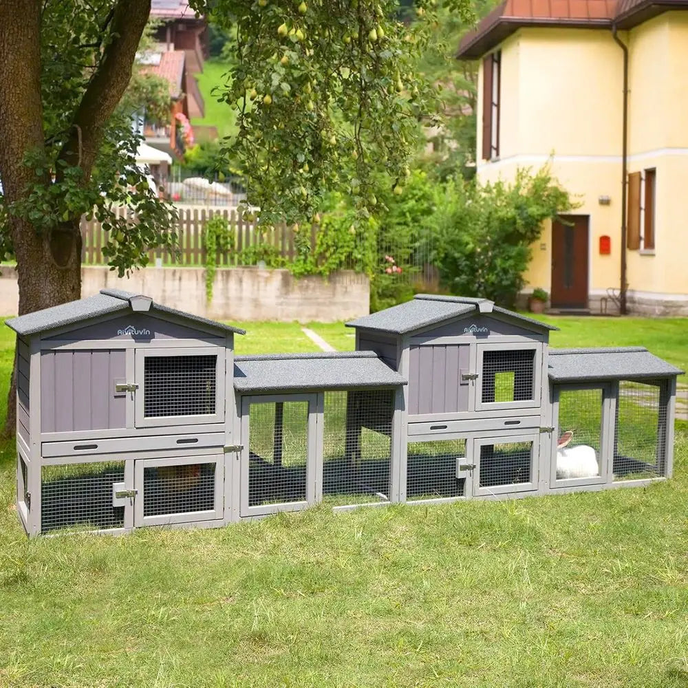 Indoor/Outdoor Rabbit Cage with Double Set Deep Leakproof Plastic Base - Grey