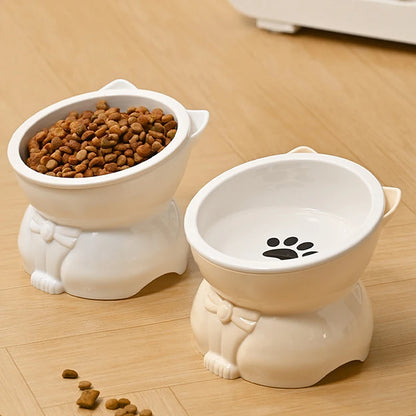 ♥Cat Dog Food Water Bowl-Raised Pet Feeder with Non-Slip Base & Paw Print Design,Neck Protection Bowl for Small Medium Pets