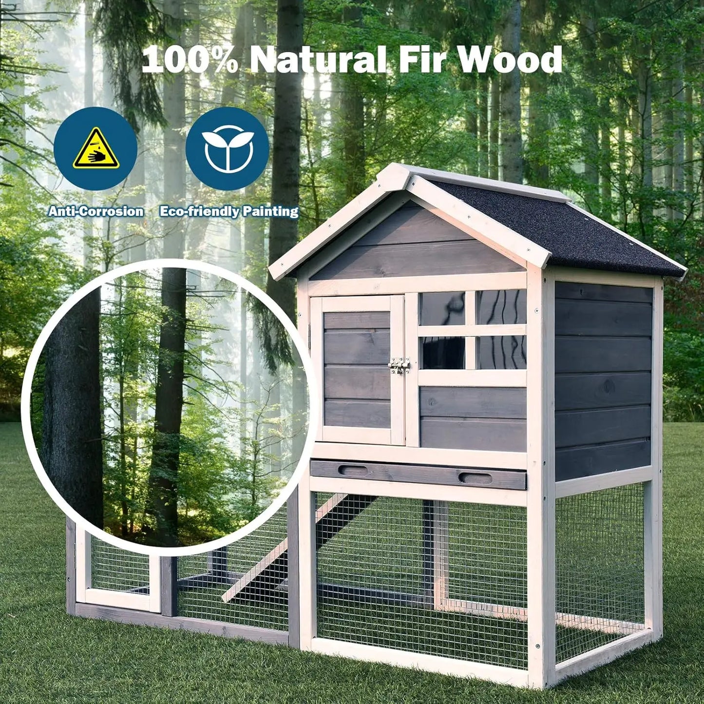 Rabbit Hutch, Indoor Outdoor Bunny Cage with Run, Wooden Rabbit Cage with Waterproof Roof & Pull Out Tray, Chicken Coop Pet