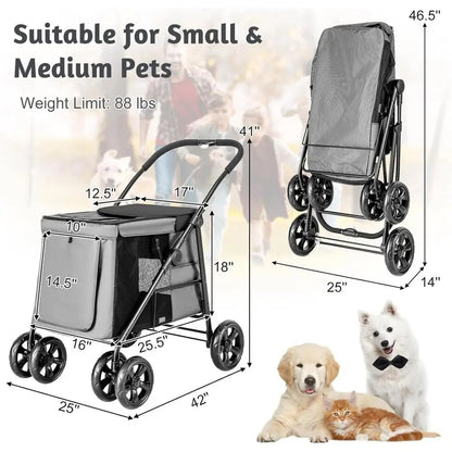 Multi-Entrance Pet Stroller with 4 Shock-Absorbing Wheels, Side Pockets, Safety Strap for Dogs and Cats