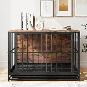Dog Crate Furniture,Wooden Dog Kennel Indoor,Heavy Duty Dog Cage with Removable Tray, Dog House Double Doors Pet Crate Side