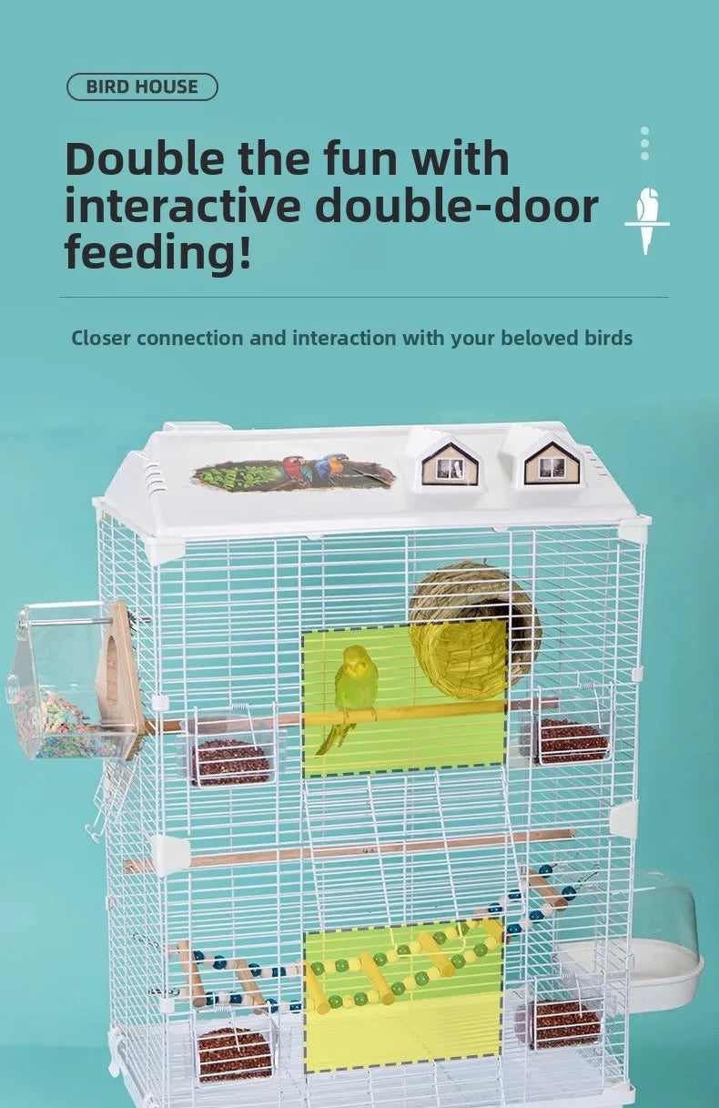 Birdcage for Budgerigars - Large Villa-Style British-Inspired Metal Display Cage with Horizontal Wire Base for Parakeets