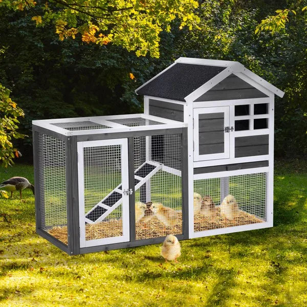 Wooden Rabbit Hutch Outdoor Chicken Coop Indoor Bunny Cage with Run, Guinea Pig House Pet House with Pull Out Upper Tray, Grey