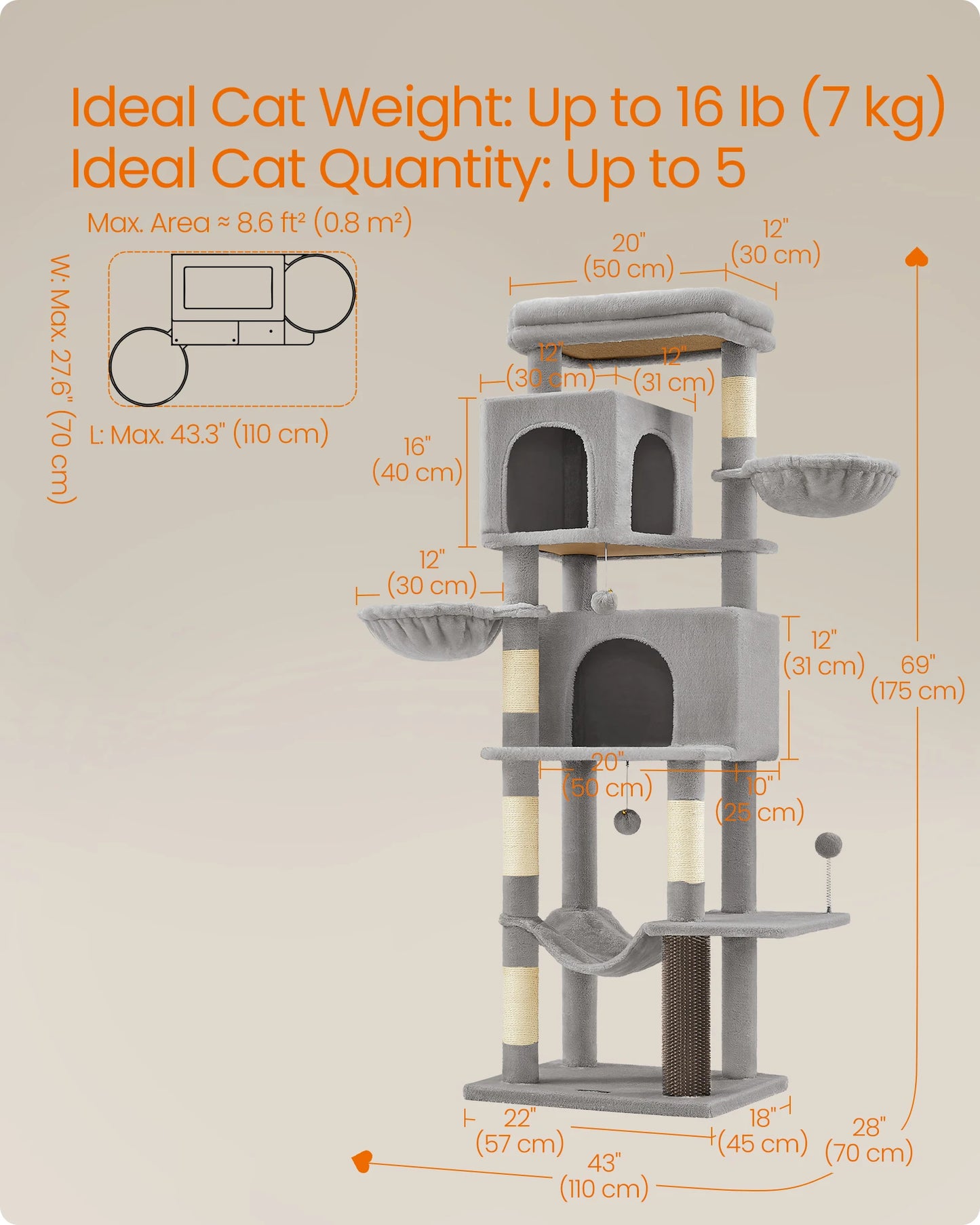 Feandrea Large Cat Tree, 175 cm Tall Cat Tower, Multi-Level Cat Condo with 2 Caves, 2 Baskets, 5 Scratching Posts