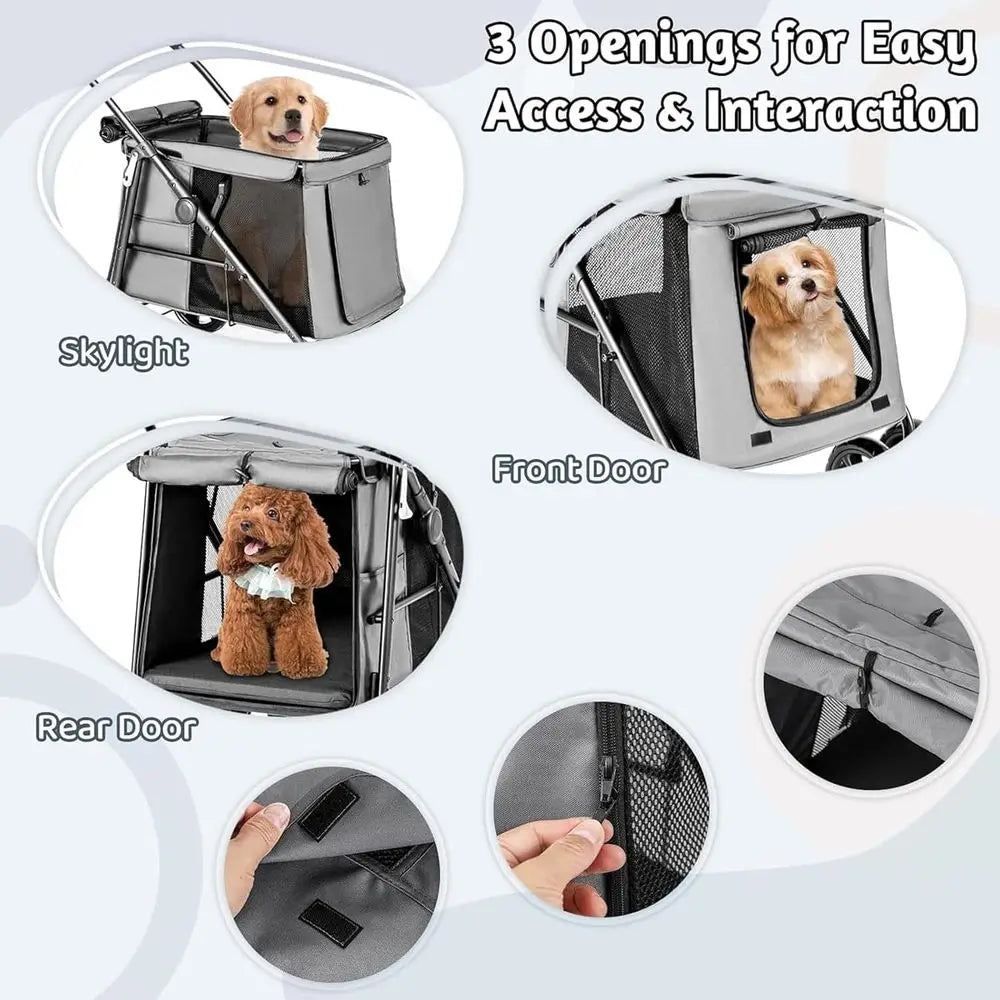 Multi-Entrance Pet Stroller with 4 Shock-Absorbing Wheels, Side Pockets, Safety Strap for Dogs and Cats