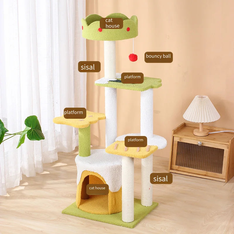 Cat Scratcher Tree Tower Pet Interactive Climbing Frame With House Resting Packed In Carton