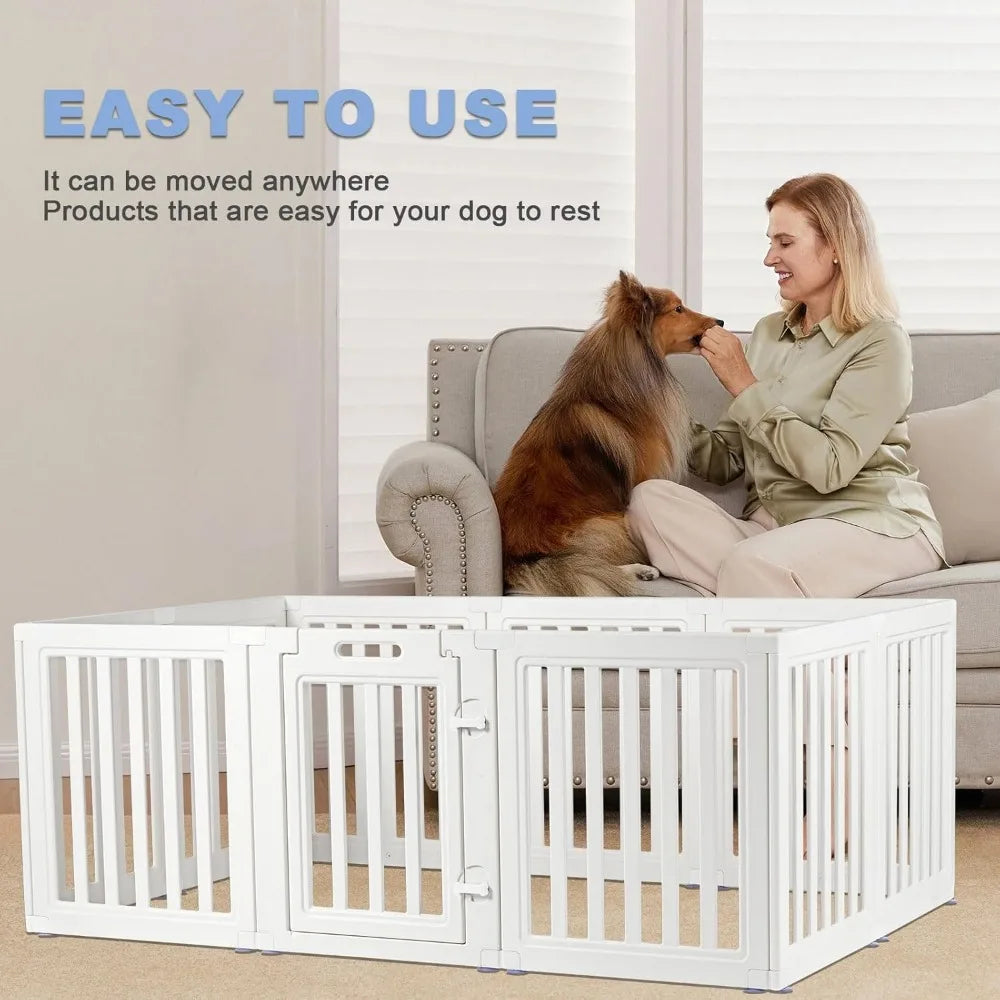 Portable Indoor/Outdoor Dog Playpen with Door, Easy Assembly and Cleaning, Suitable for Puppies, White, 23.6 Inch Height