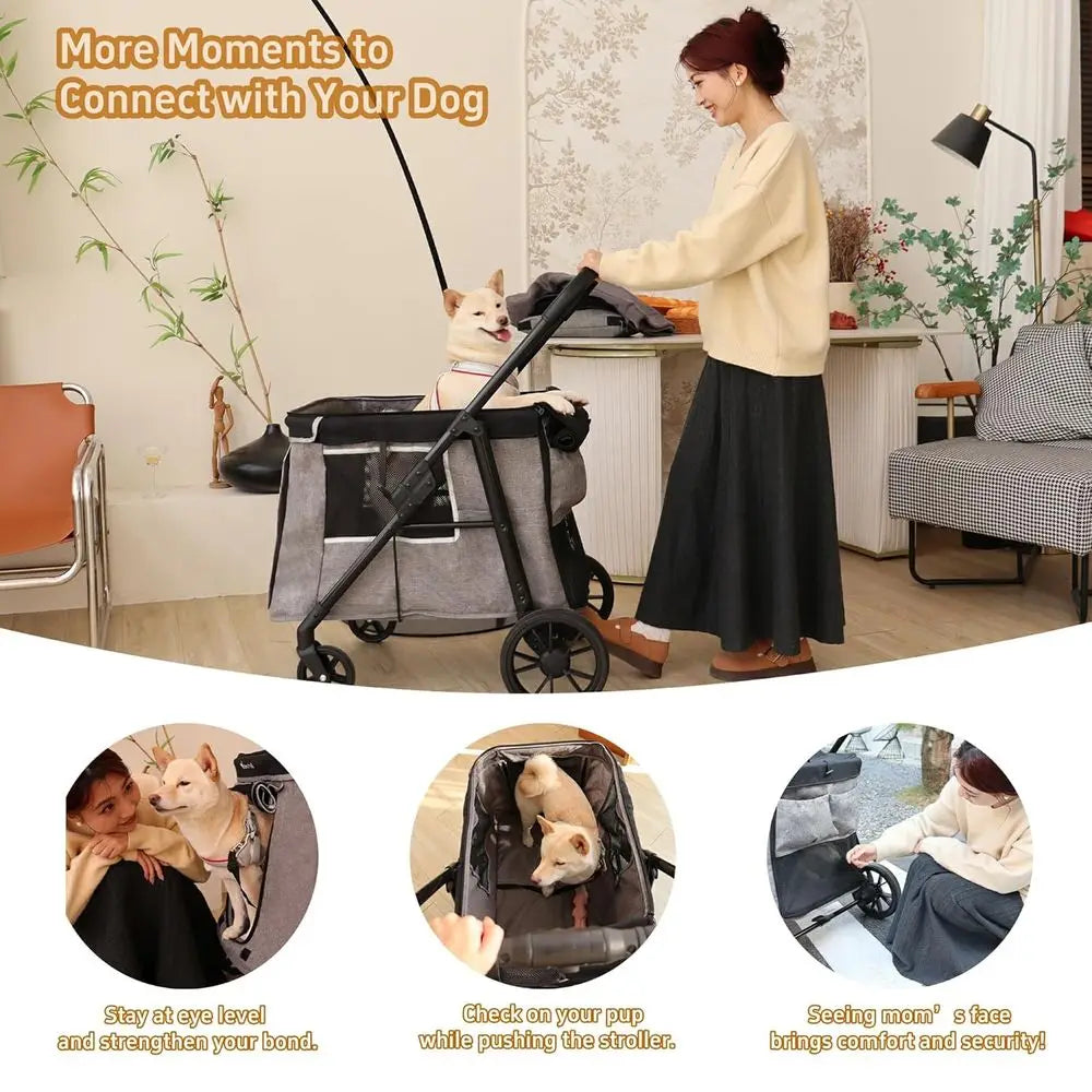 Multi-Pet Medium Dog Stroller, 4-Wheel, Holds 4 Dogs up to 40lbs, Folding, Smooth Tires, Sunshade & Storage (Gray)