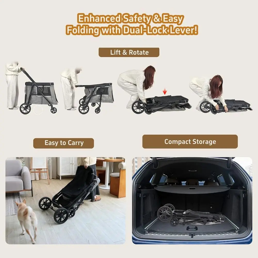 Multi-Pet Medium Dog Stroller, 4-Wheel, Holds 4 Dogs up to 40lbs, Folding, Smooth Tires, Sunshade & Storage (Gray)